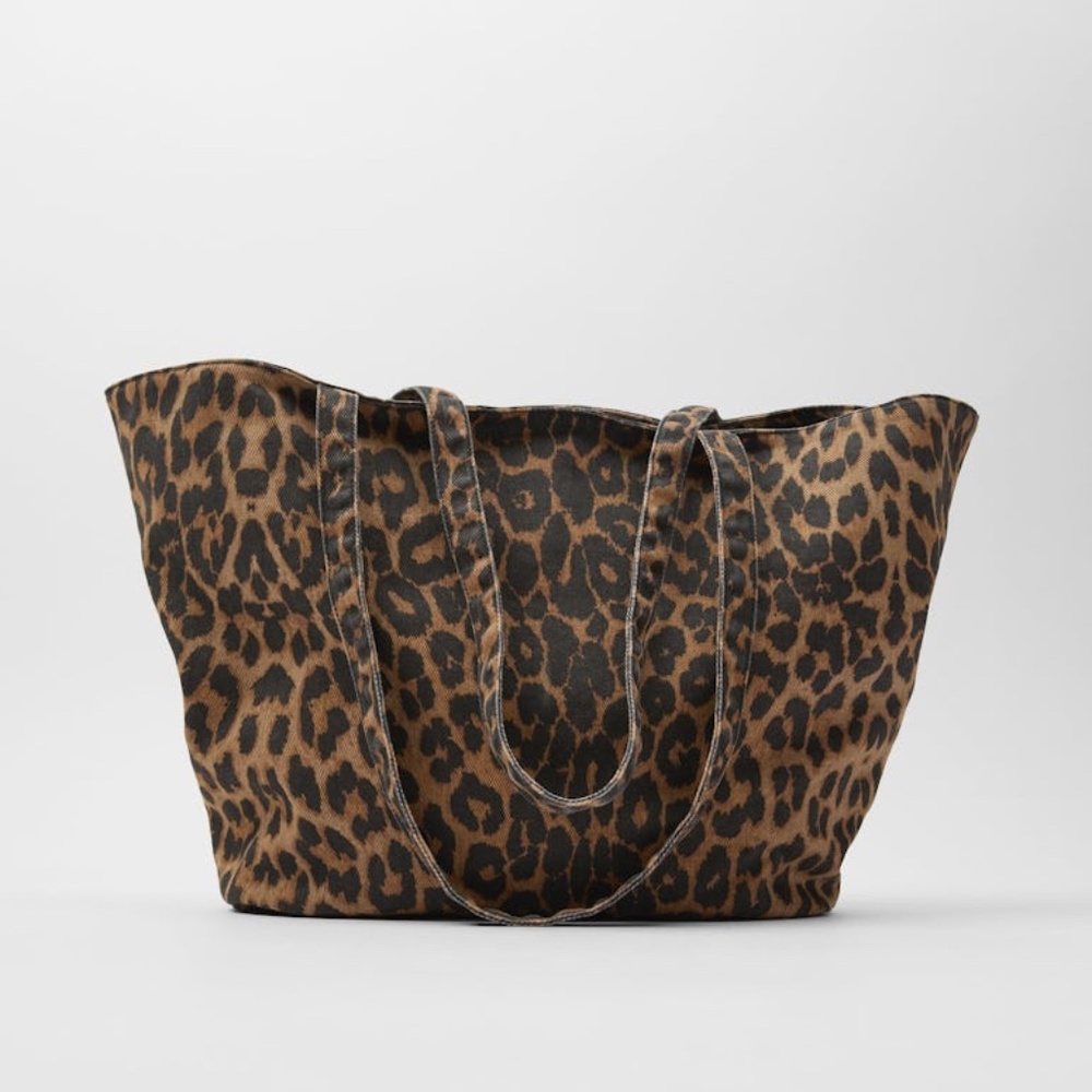 ZARA Washed Leopard Print Cotton Shopper Tote